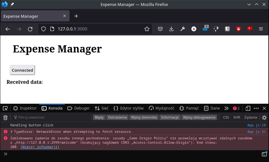 Page with header and Connected button and errors from console